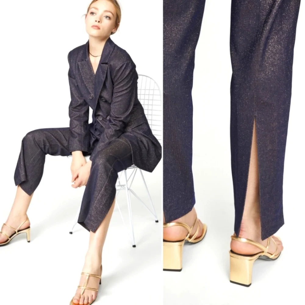 Navy Met­al­lic High Waist Dressy Slacks Pants XS - C/MEO Holiday Party